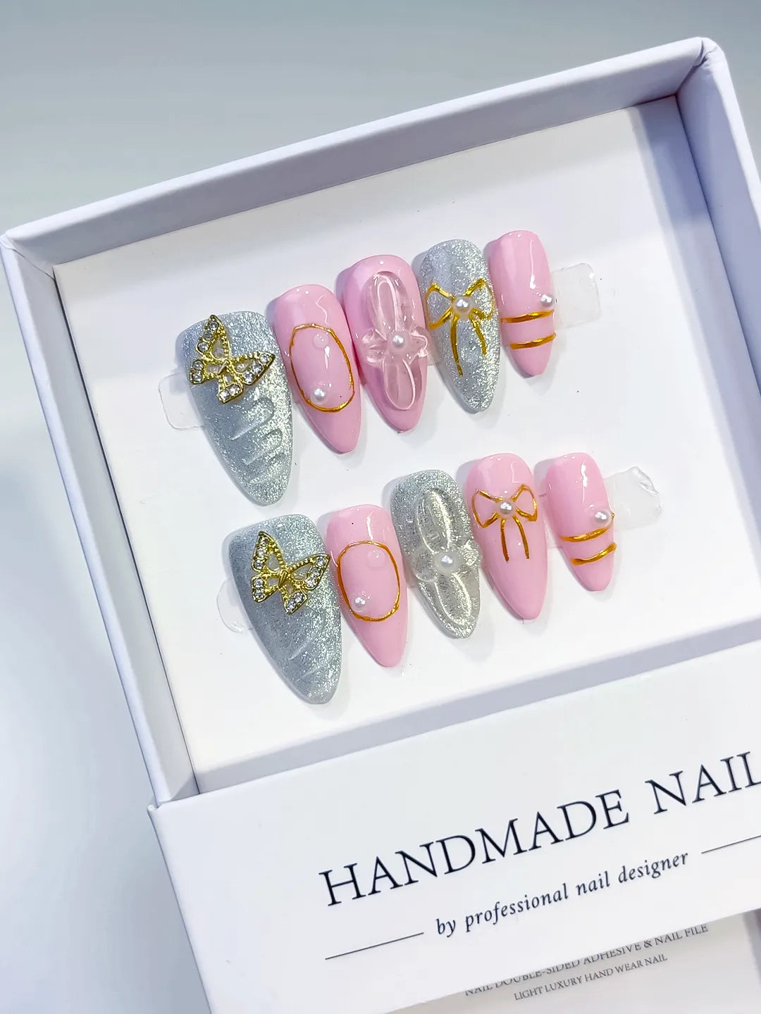 Pink Silver Glitter Bow Metallic Outline press on nails detail view
