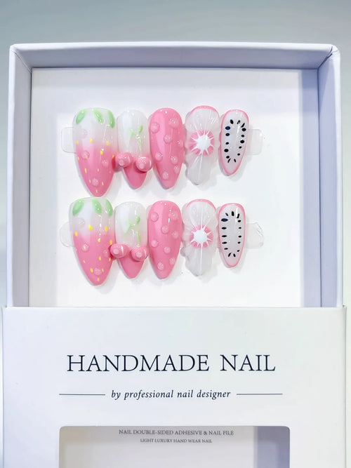 Pink White Green Abstract Bow Fruit press on nails full set view
