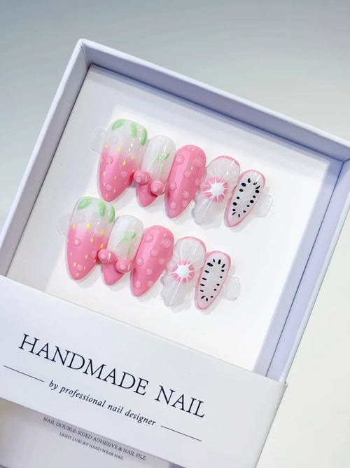 Pink White Green Abstract Bow Fruit press on nails