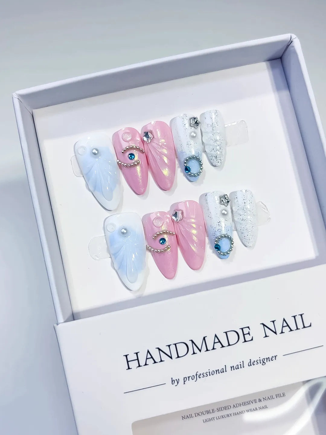 Pink White Blue Holographic Rhinestone Embossed press on nails detail view
