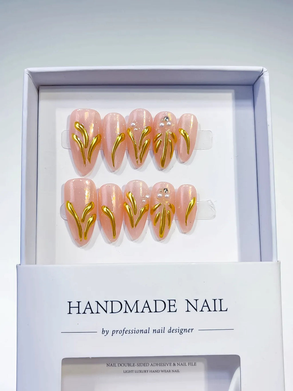 Nude Gold Metallic Rhinestone press on nails full set view