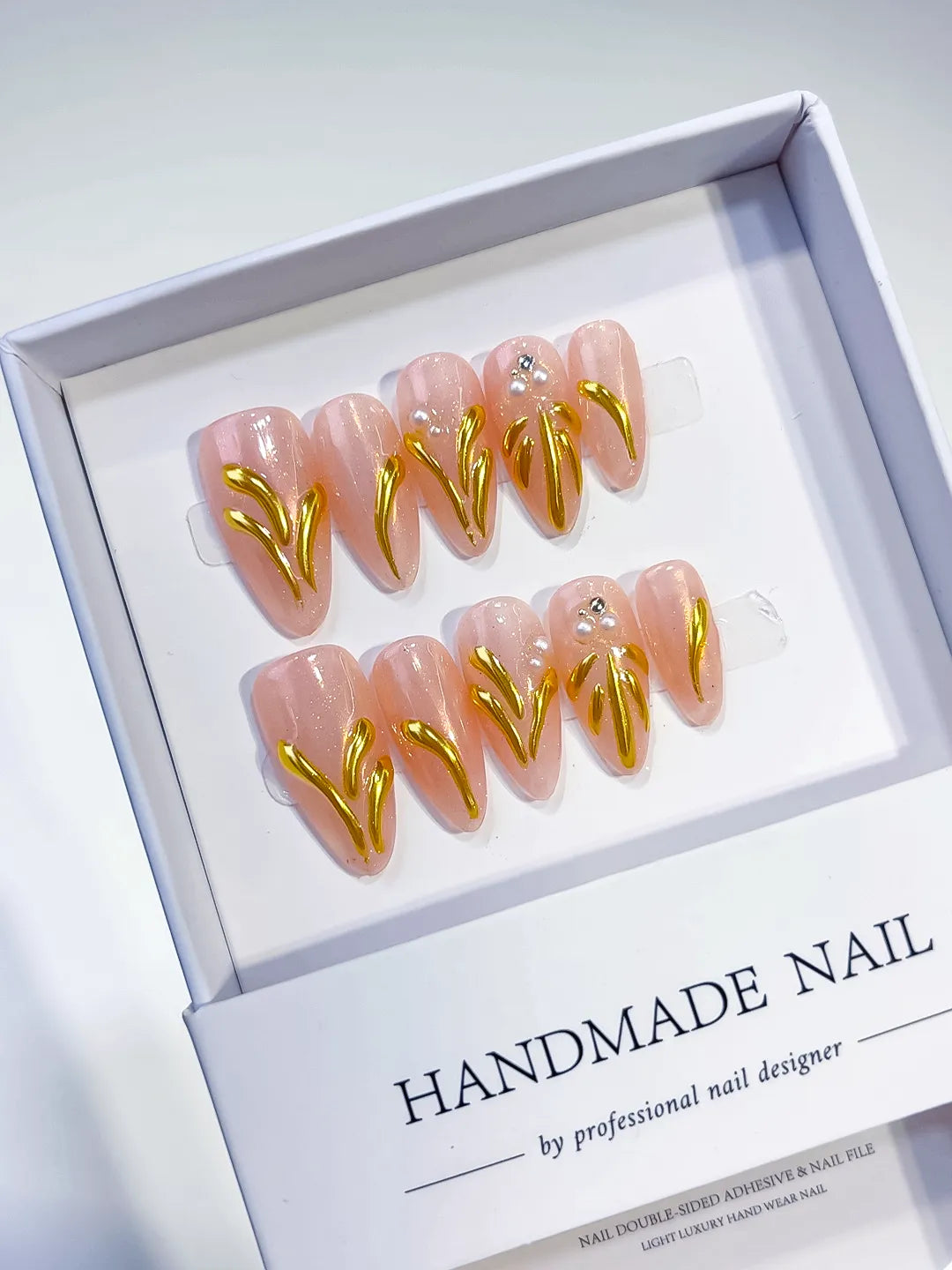 Nude Gold Metallic Rhinestone press on nails angled view