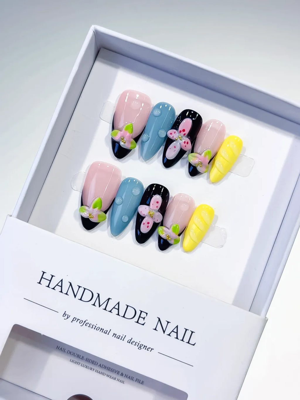 Nude Pink Blue Yellow Black Abstract Flower Embossed press on nails