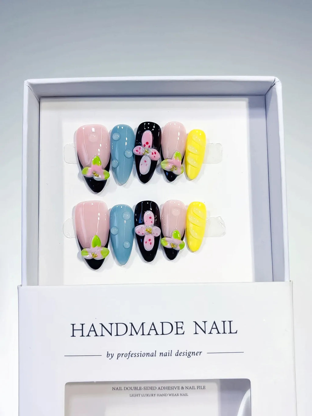 Nude Pink Blue Yellow Black Abstract Flower Embossed press on nails full set view