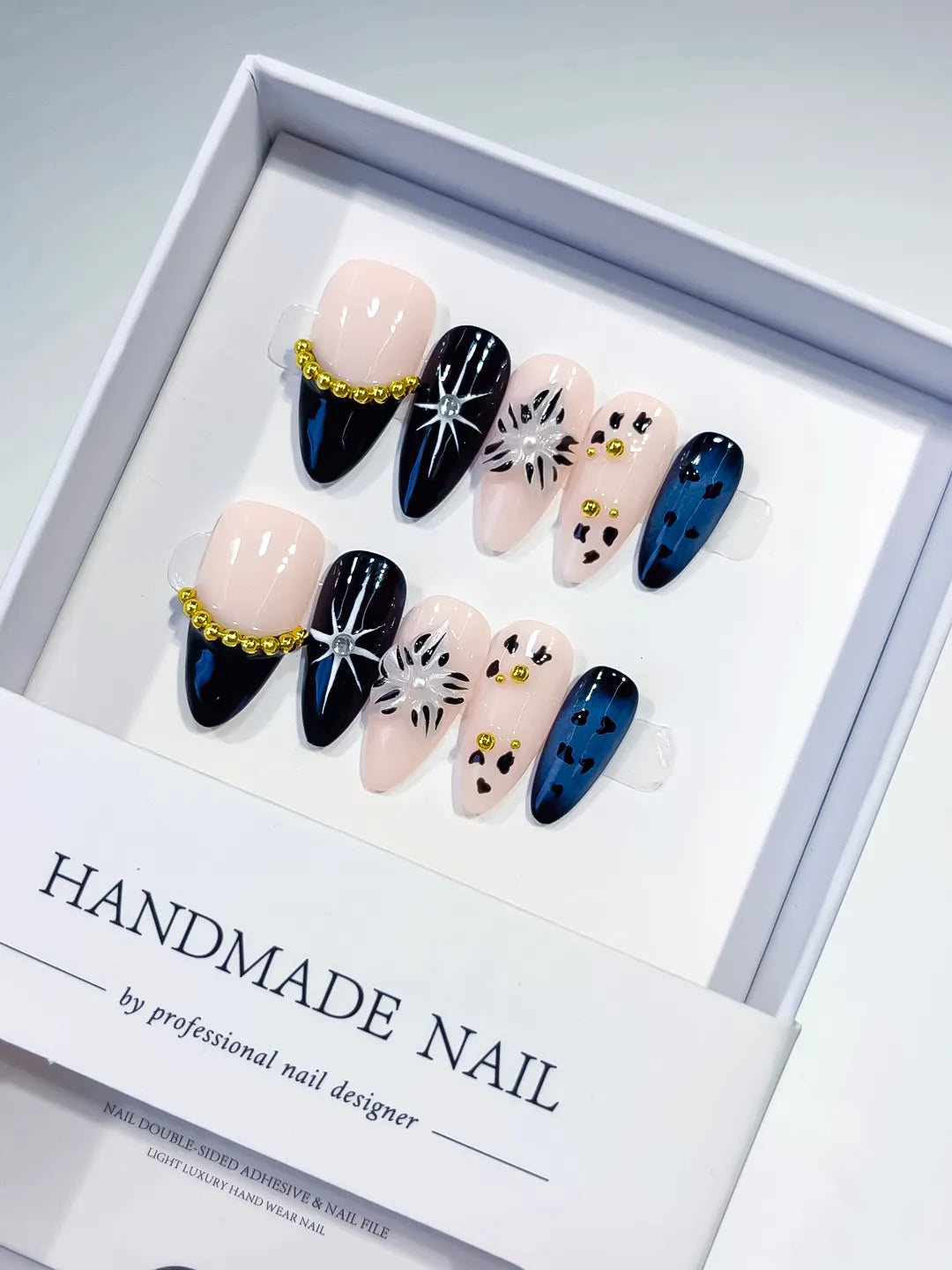 Nude Black Blue Gold French tip Star Animal Print Bead Chain press on nails
