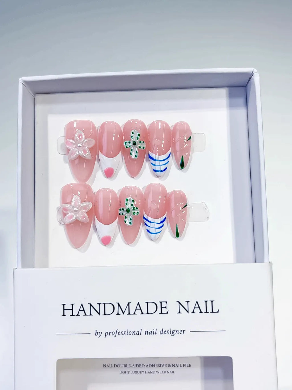 Pink White Blue Abstract Flower Heart Line Art press on nails full set view