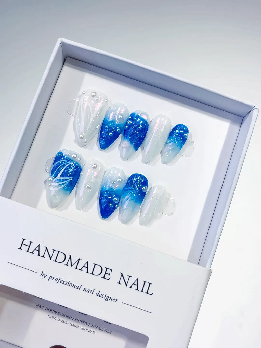 Blue White Glitter Pearl Embossed press on nails
