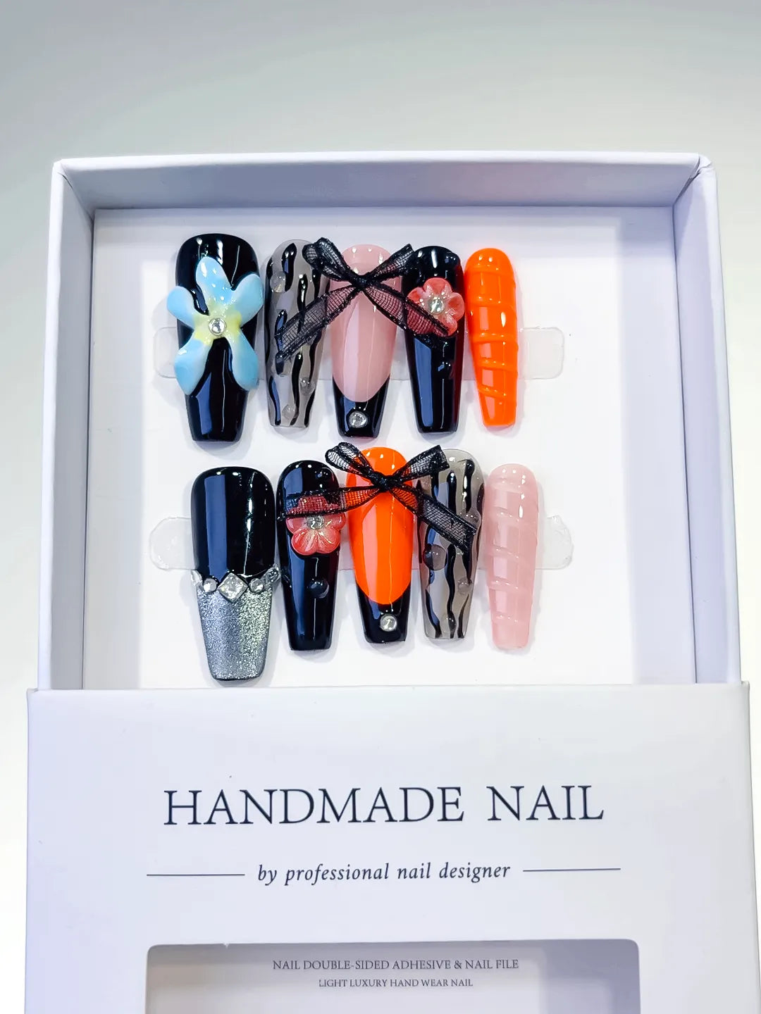 Black Orange Pink Silver Abstract Bow Flower Lace press on nails full set view