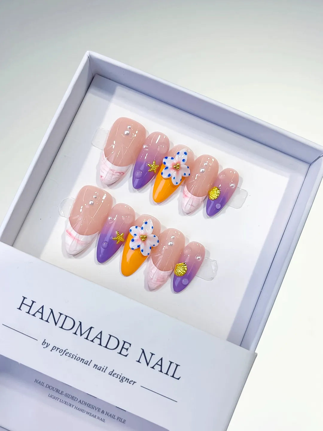 Nude Purple Orange Abstract Flower Star press on nails