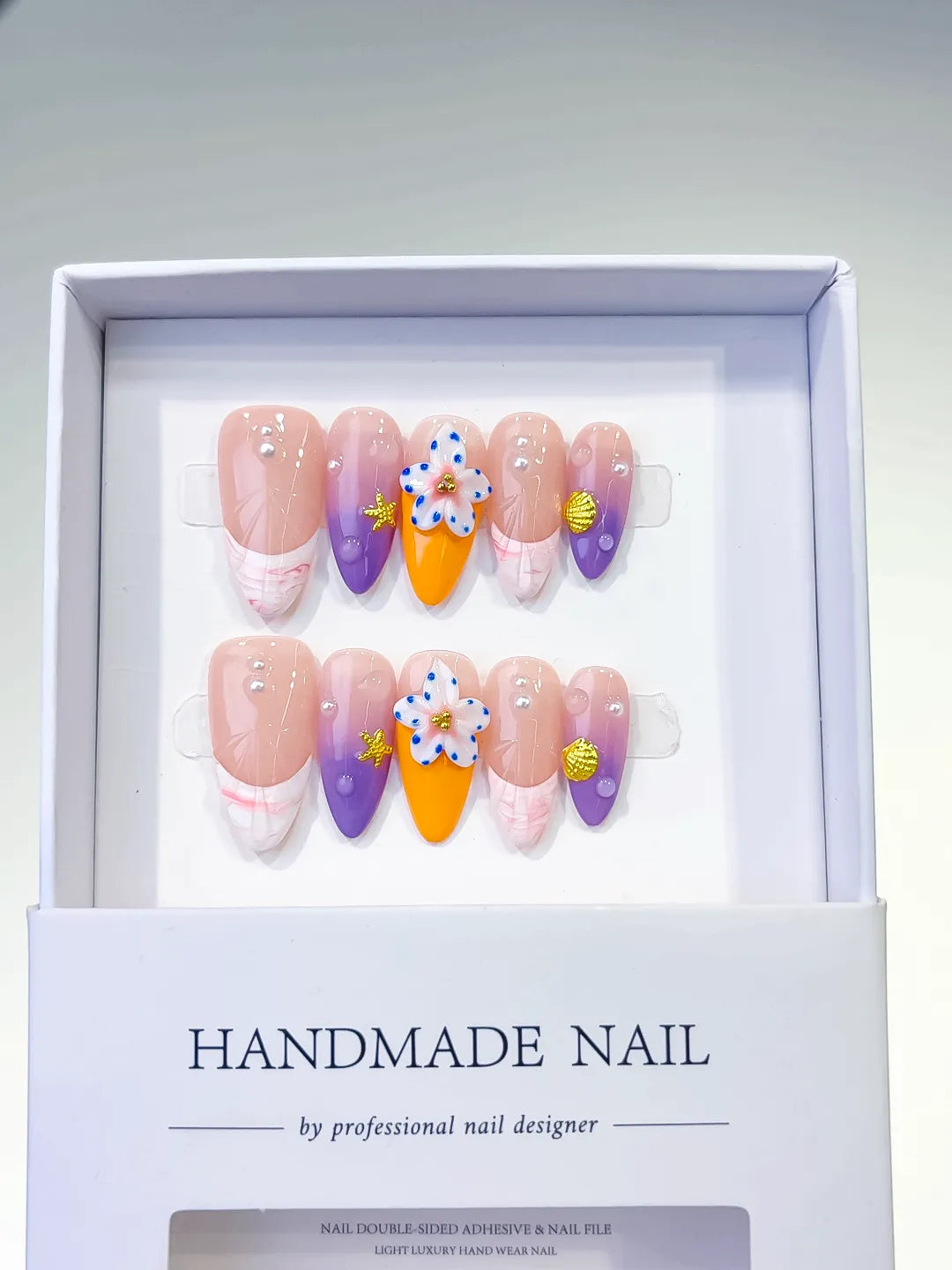 Nude Purple Orange Abstract Flower Star press on nails full set view
