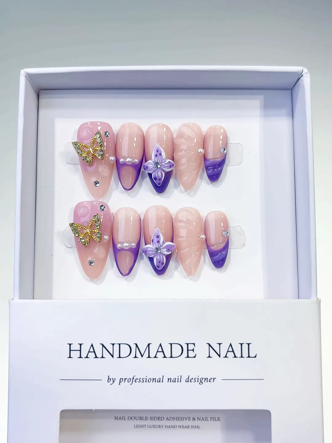 Nude Purple Gold French tip Butterfly Rhinestone press on nails full set view