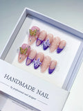 Nude Purple Gold French tip Butterfly Rhinestone press on nails