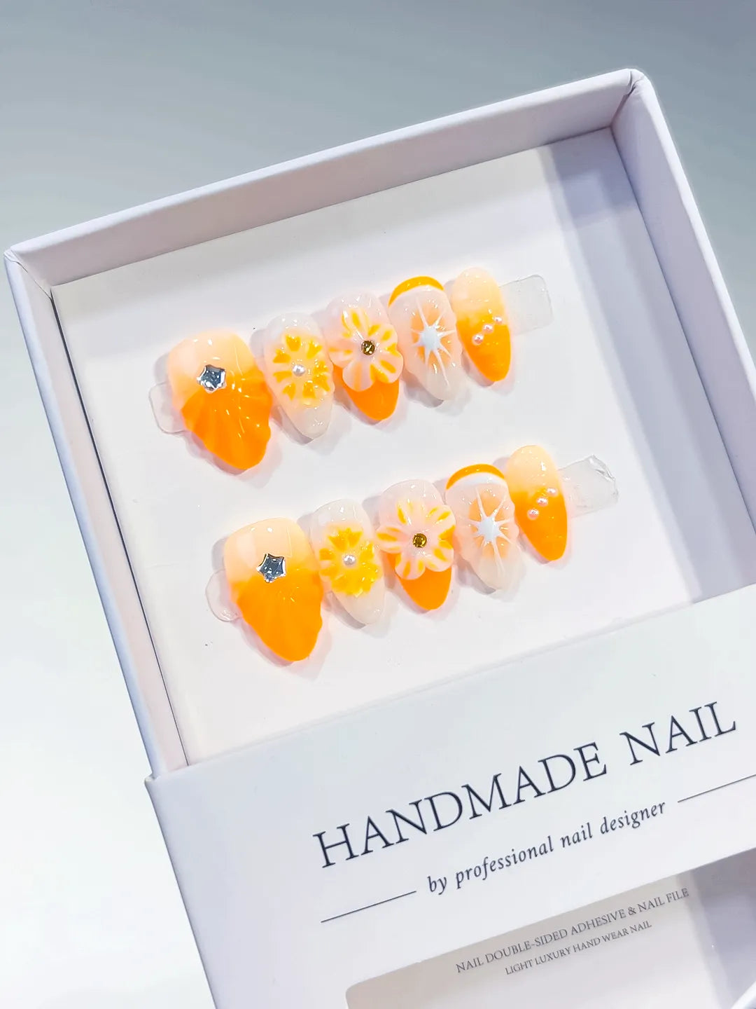 Orange White Floral Flower press on nails full set view