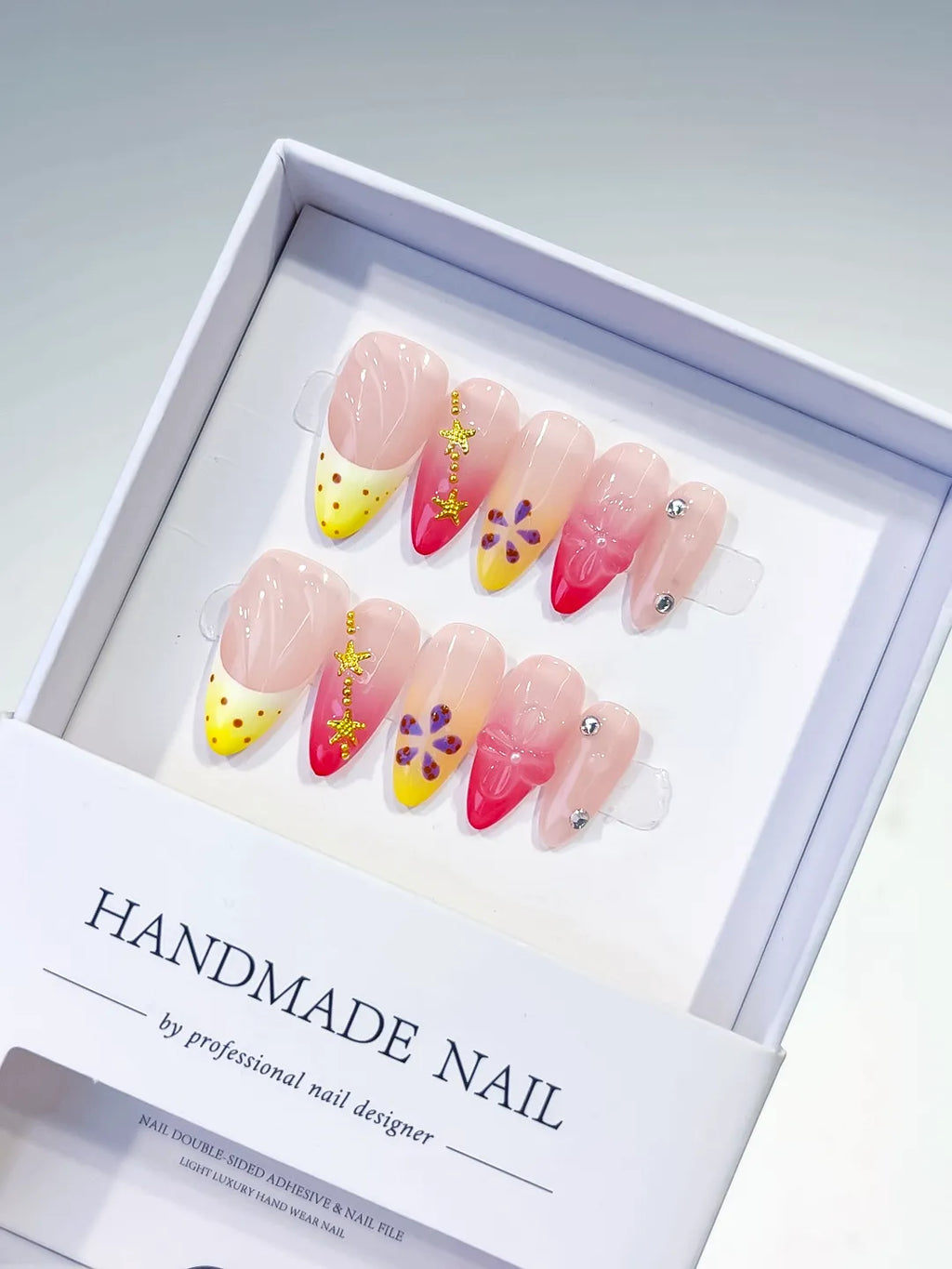 Nude Yellow Pink French tip Flower Star press on nails