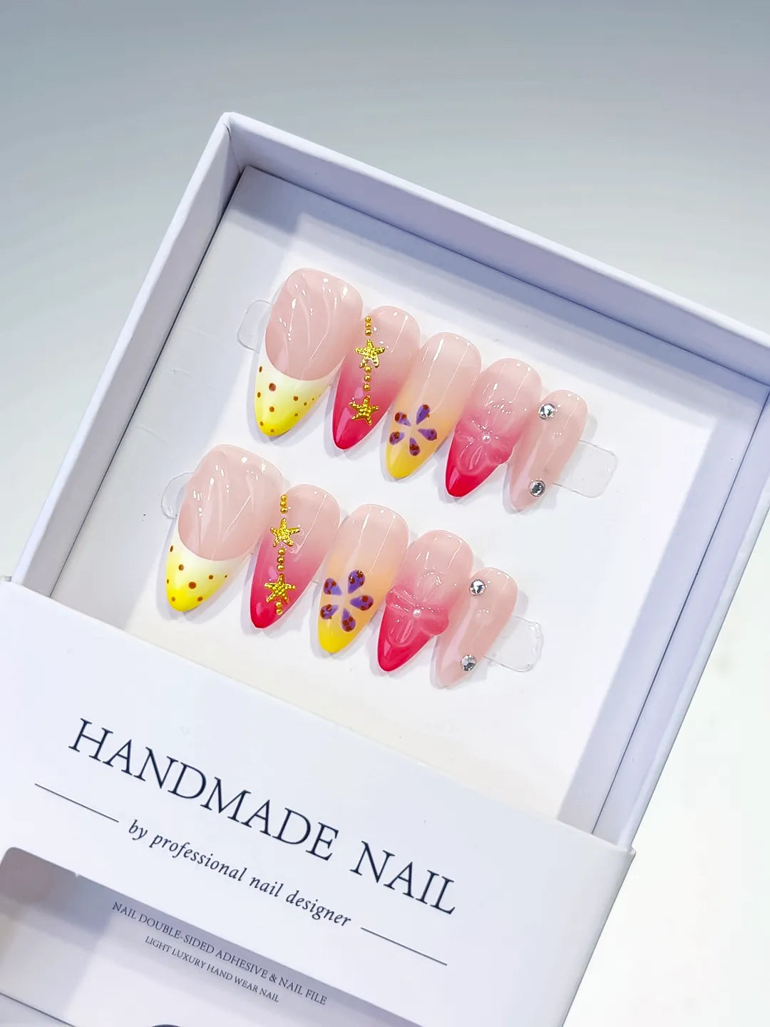 Nude Yellow Pink French tip Flower Star press on nails