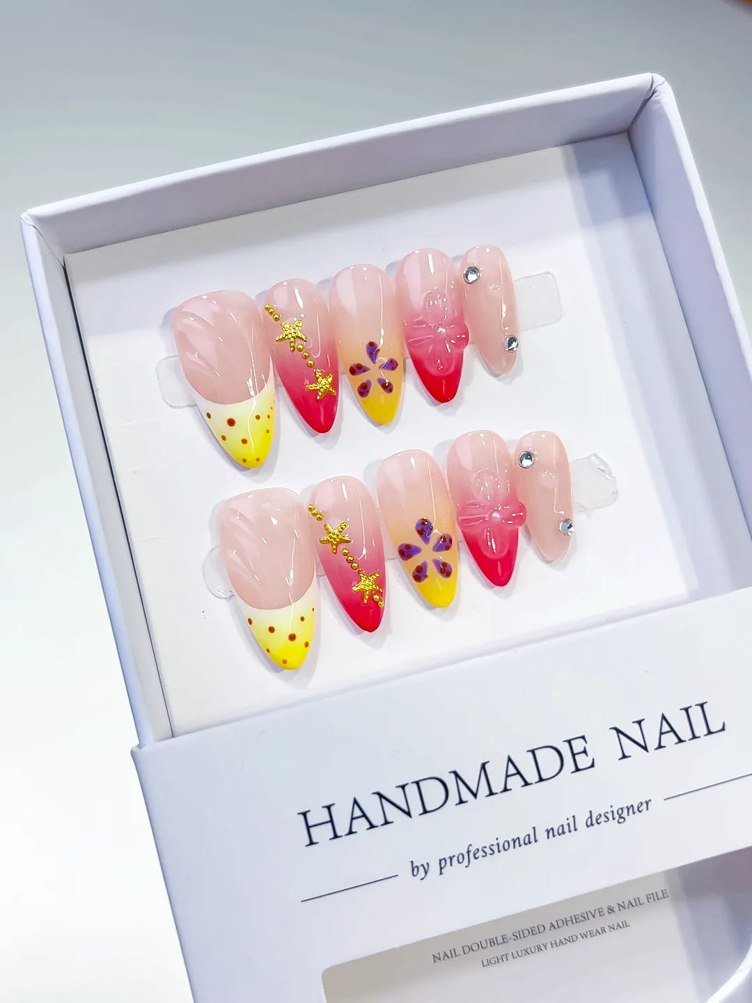 Nude Yellow Pink French tip Flower Star press on nails full set view