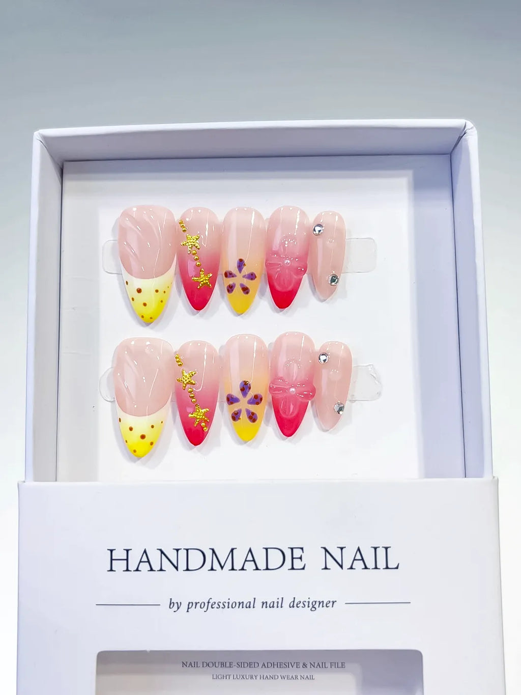 Nude Yellow Pink French tip Flower Star press on nails detail view