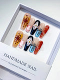 Nude Black Blue Orange Abstract Flower Cross press on nails