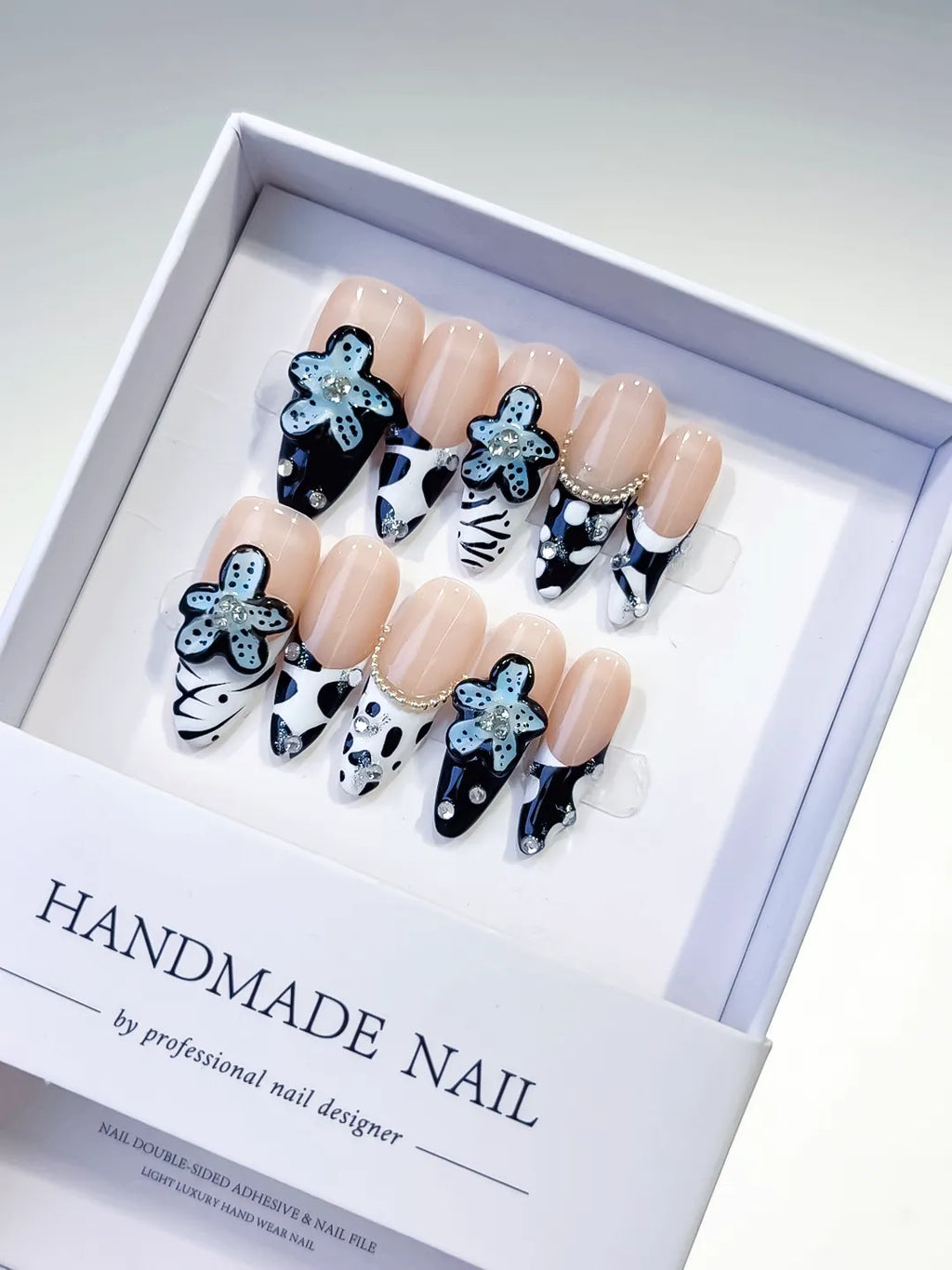Nude Black White Blue Abstract Flower Pearl press on nails