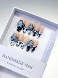 Nude Black White Blue Abstract Flower Pearl press on nails