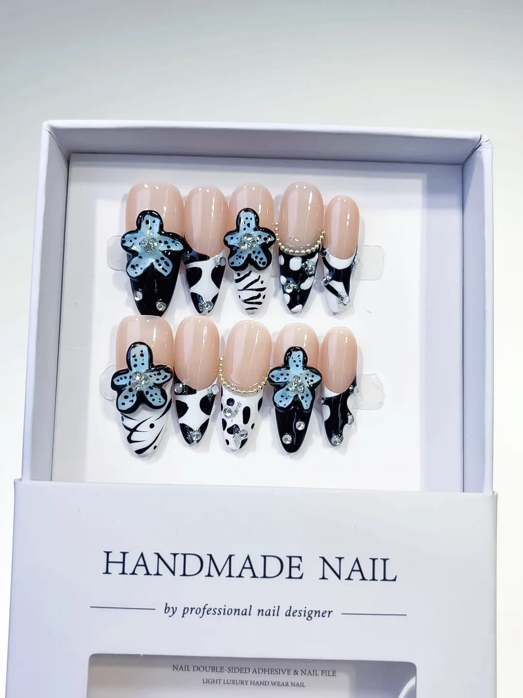 Nude Black White Blue Abstract Flower Pearl press on nails full set view