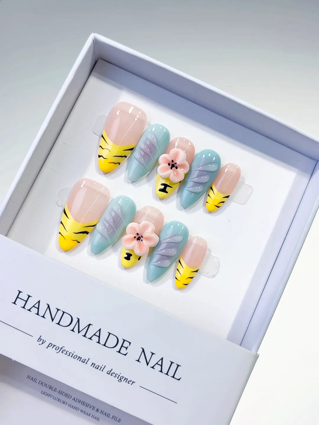 Nude Yellow Green Abstract Flower Leaf press on nails