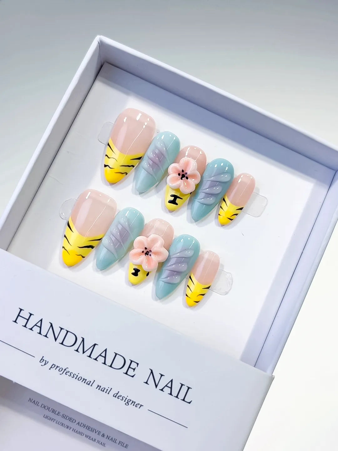 Nude Yellow Green Abstract Flower Leaf press on nails