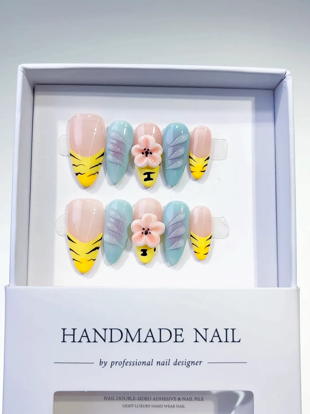 Nude Yellow Green Abstract Flower Leaf press on nails full set view