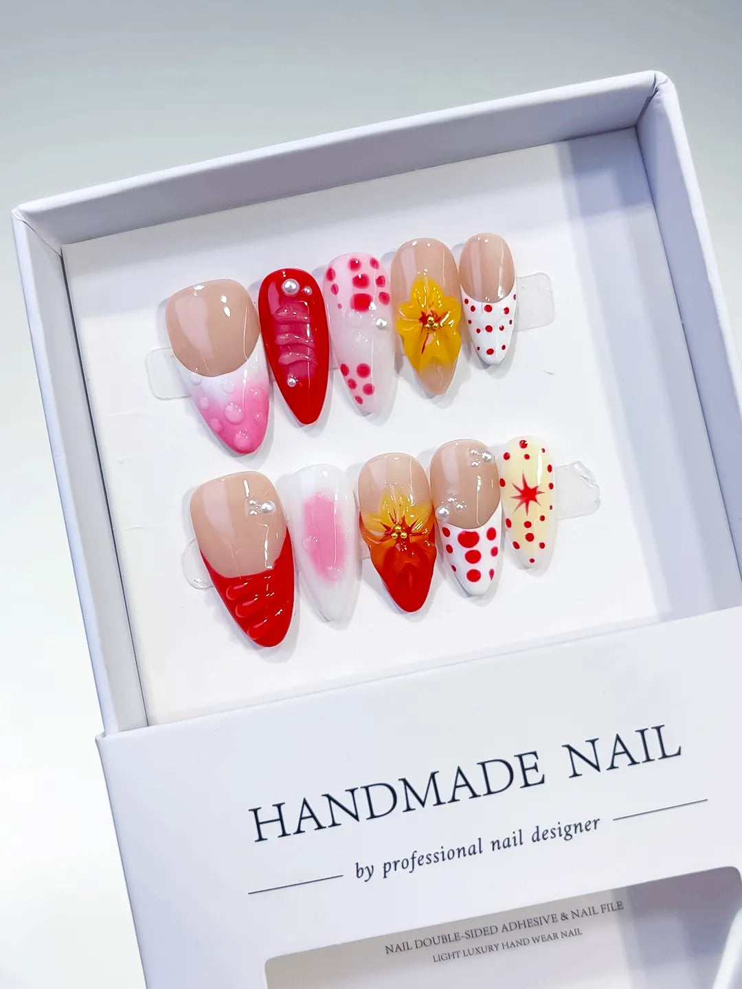 Nude Red Pink White French tip Flower Dot Pattern press on nails full set view