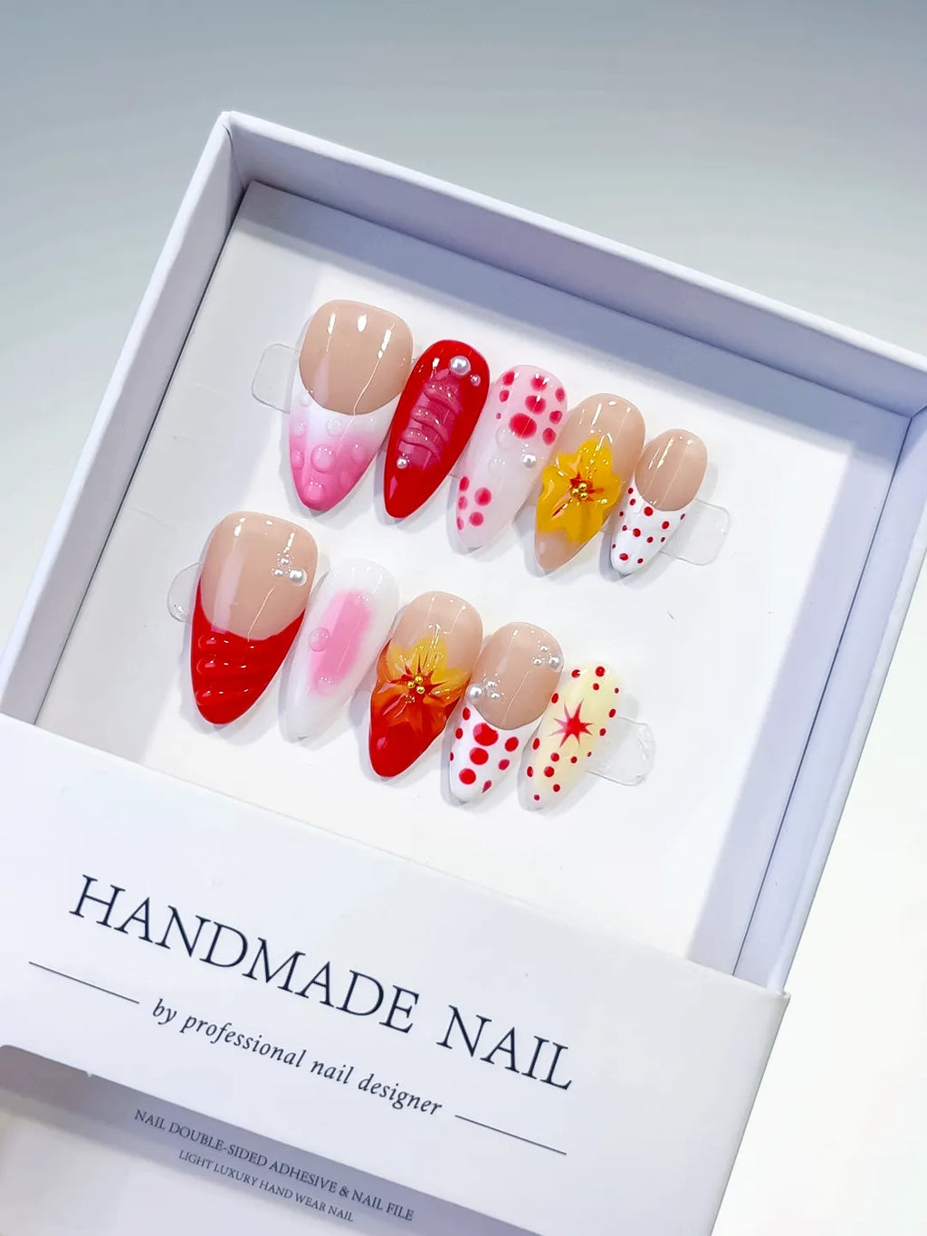 Nude Red Pink White French tip Flower Dot Pattern press on nails