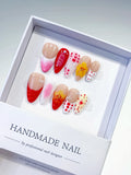 Nude Red Pink White French tip Flower Dot Pattern press on nails