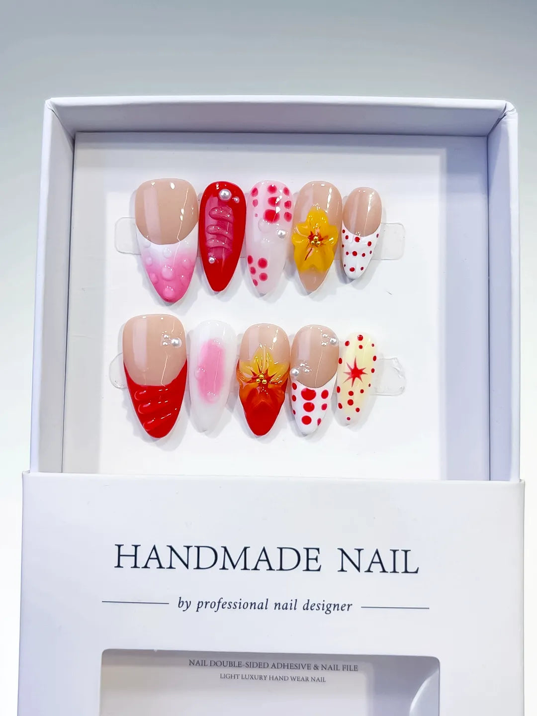 Nude Red Pink White French tip Flower Dot Pattern press on nails detail view