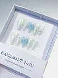 White Blue Silver Holographic Flower Pearl press on nails