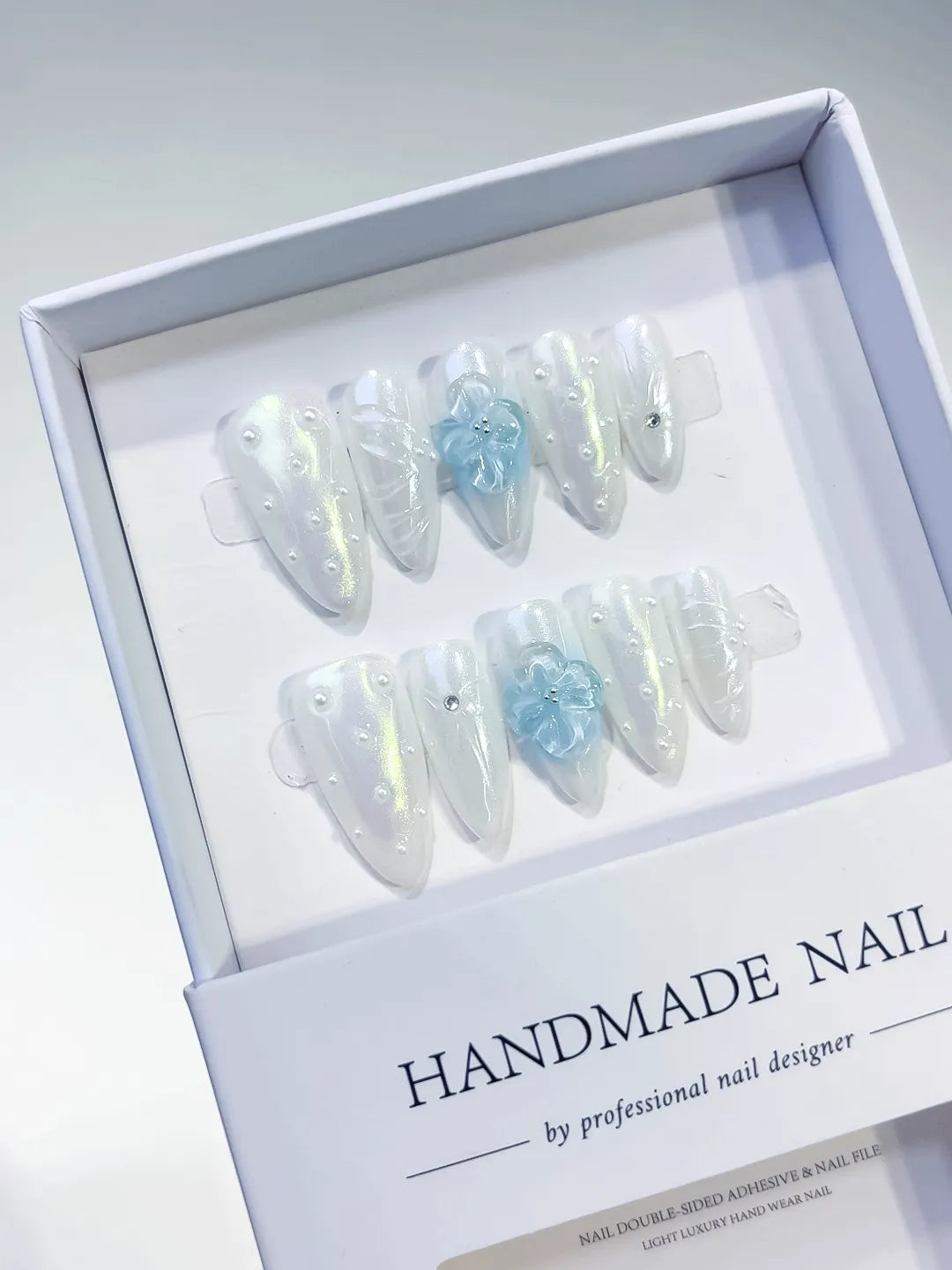 White Blue Silver Holographic Flower Pearl press on nails full set view