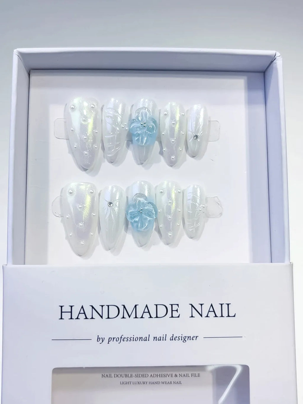 White Blue Silver Holographic Flower Pearl press on nails angled view