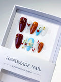 Red Orange Blue White Abstract Cherry Flower Heart press on nails