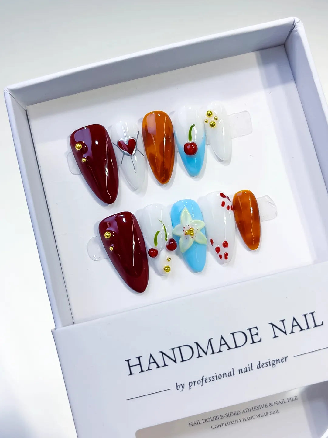 Red Orange Blue White Abstract Cherry Flower Heart press on nails full set view