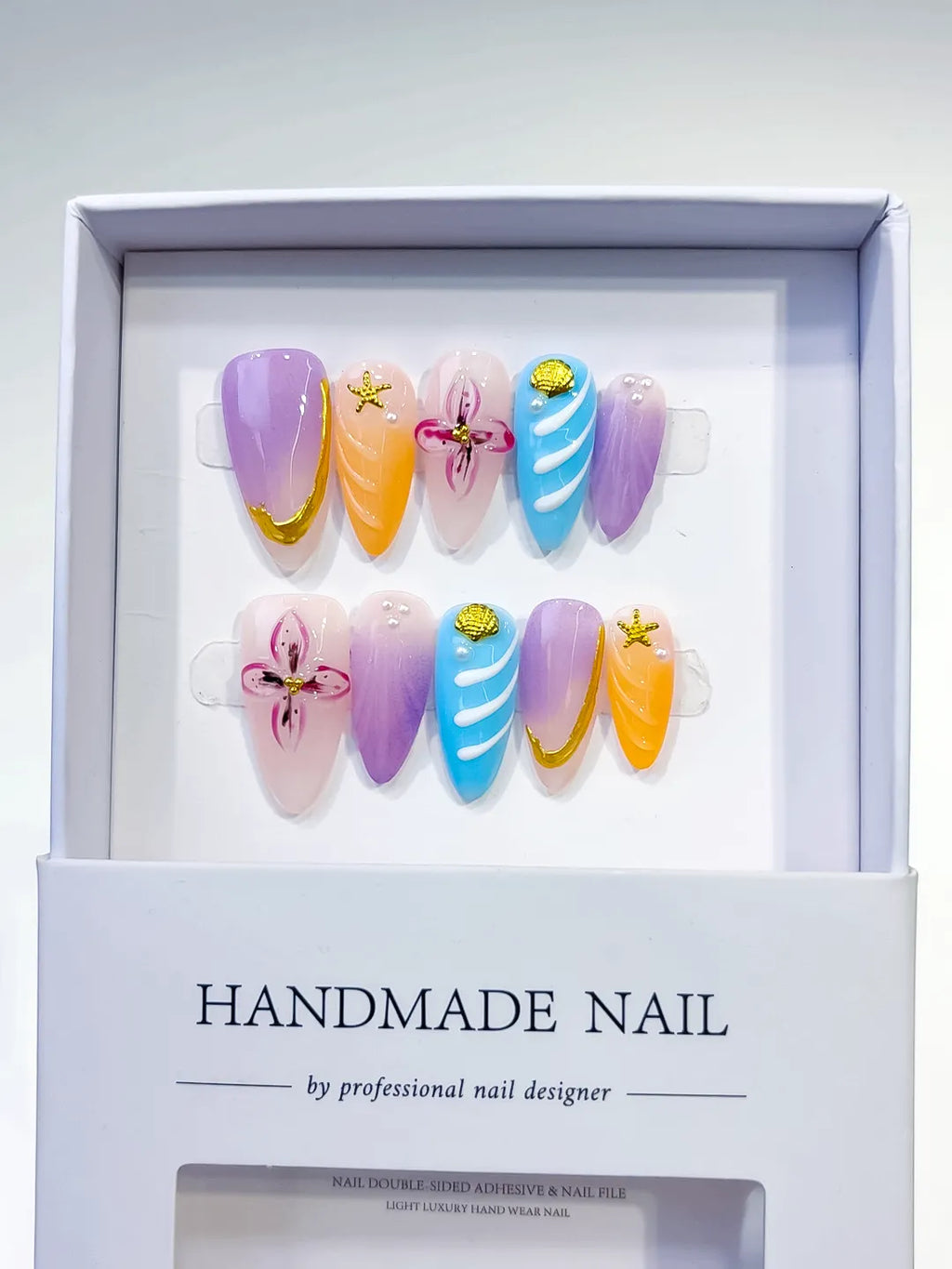 Purple Orange Blue Nude Abstract Flower Star press on nails full set view