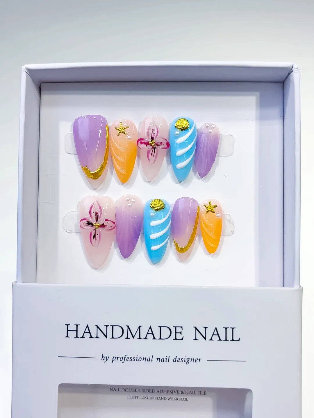 Purple Orange Blue Nude Abstract Flower Star press on nails full set view