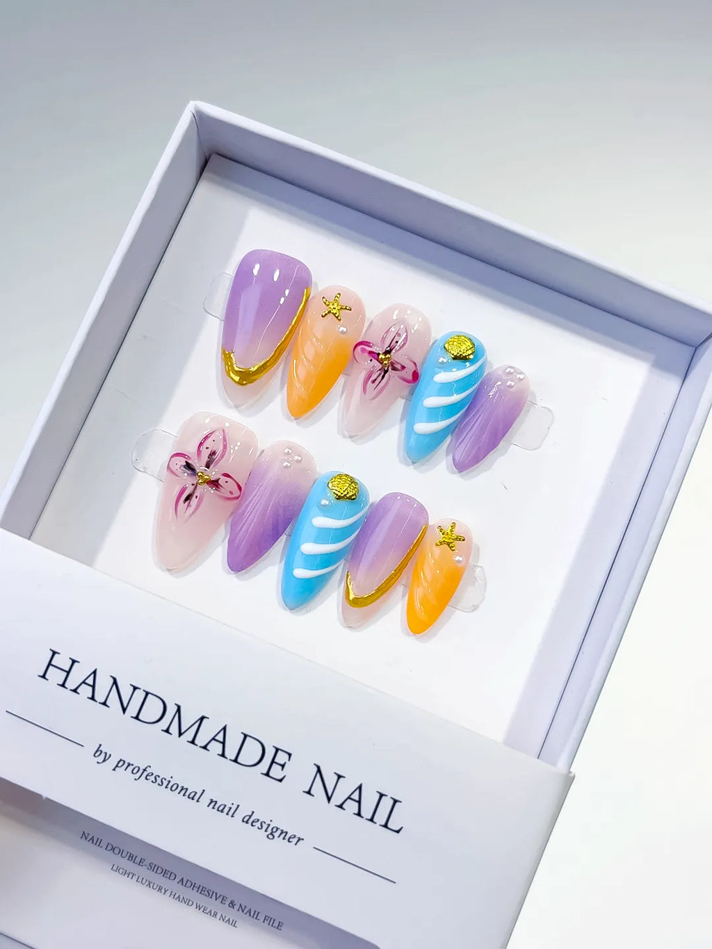Purple Orange Blue Nude Abstract Flower Star press on nails