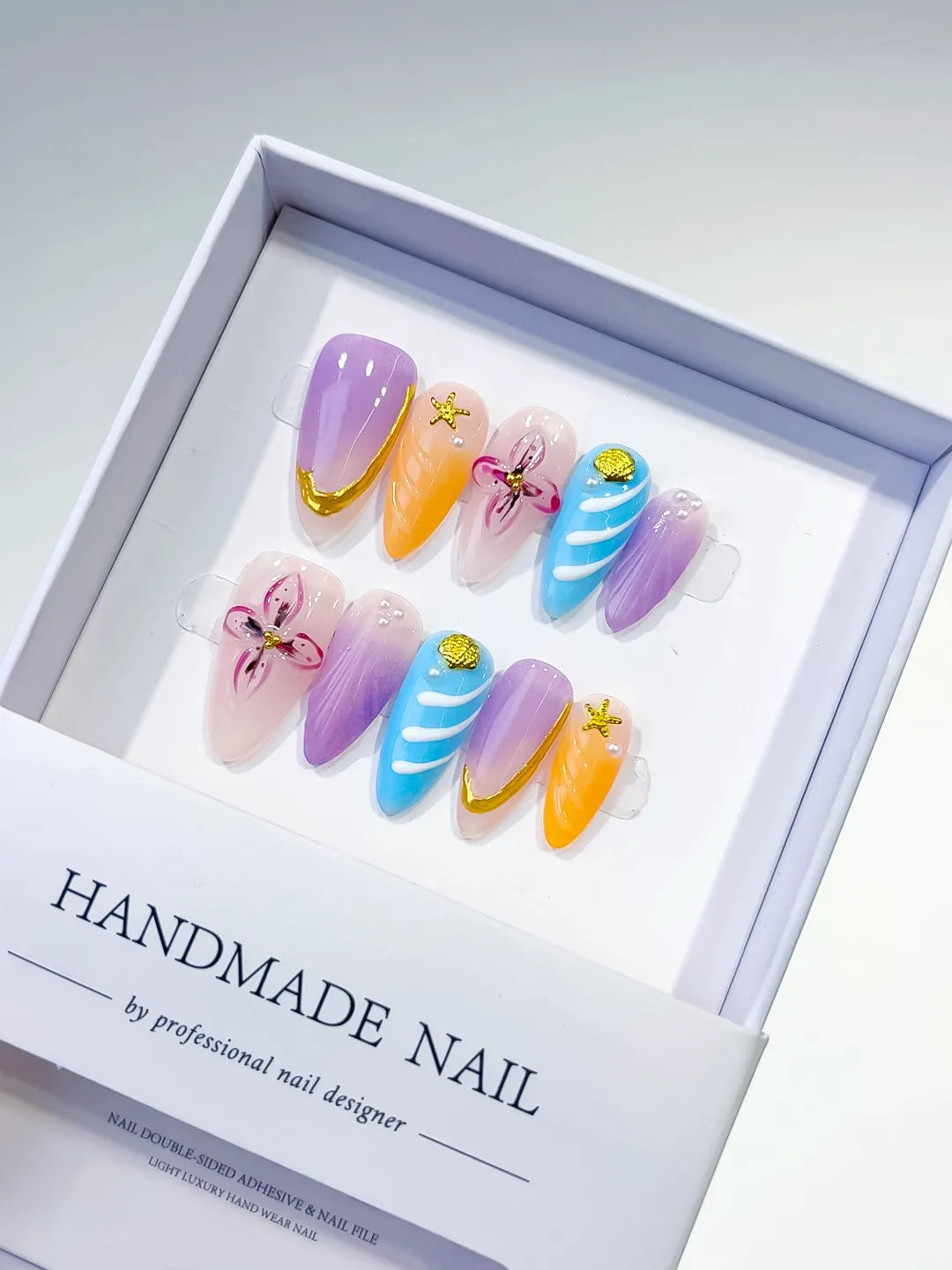 Purple Orange Blue Nude Abstract Flower Star press on nails