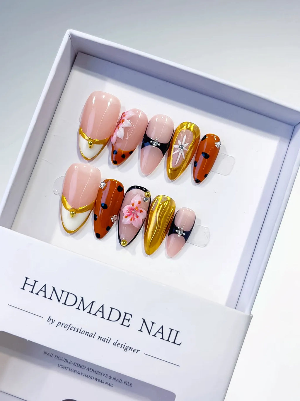 Nude Orange Gold Black Abstract Flower Metallic press on nails