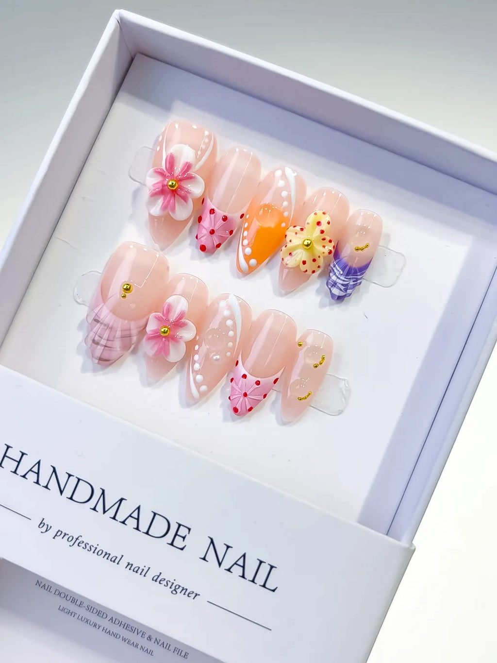 Nude Pink Orange Yellow Purple Abstract Flower Dot Pattern Grid Pattern press on nails