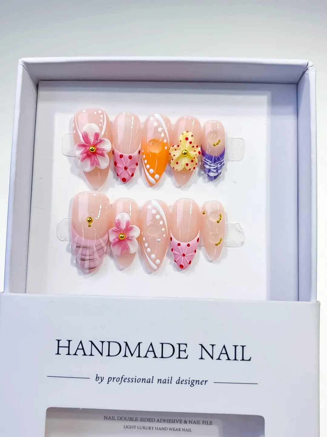 Nude Pink Orange Yellow Purple Abstract Flower Dot Pattern Grid Pattern press on nails full set view