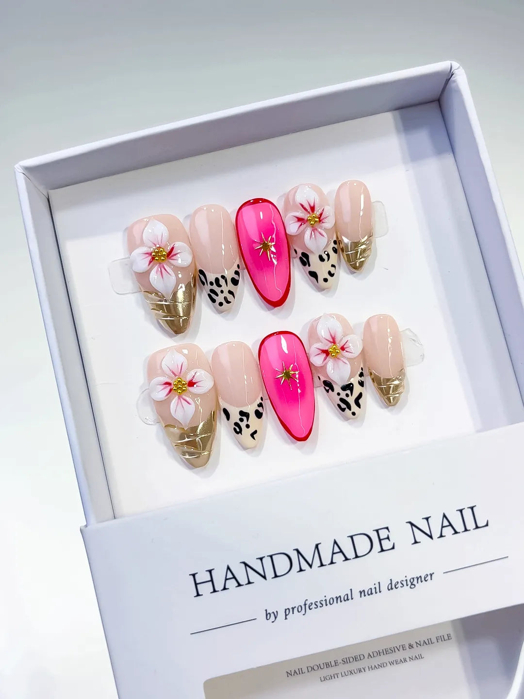 Nude Pink Gold Black Abstract Flower Animal Print Metallic press on nails angled view