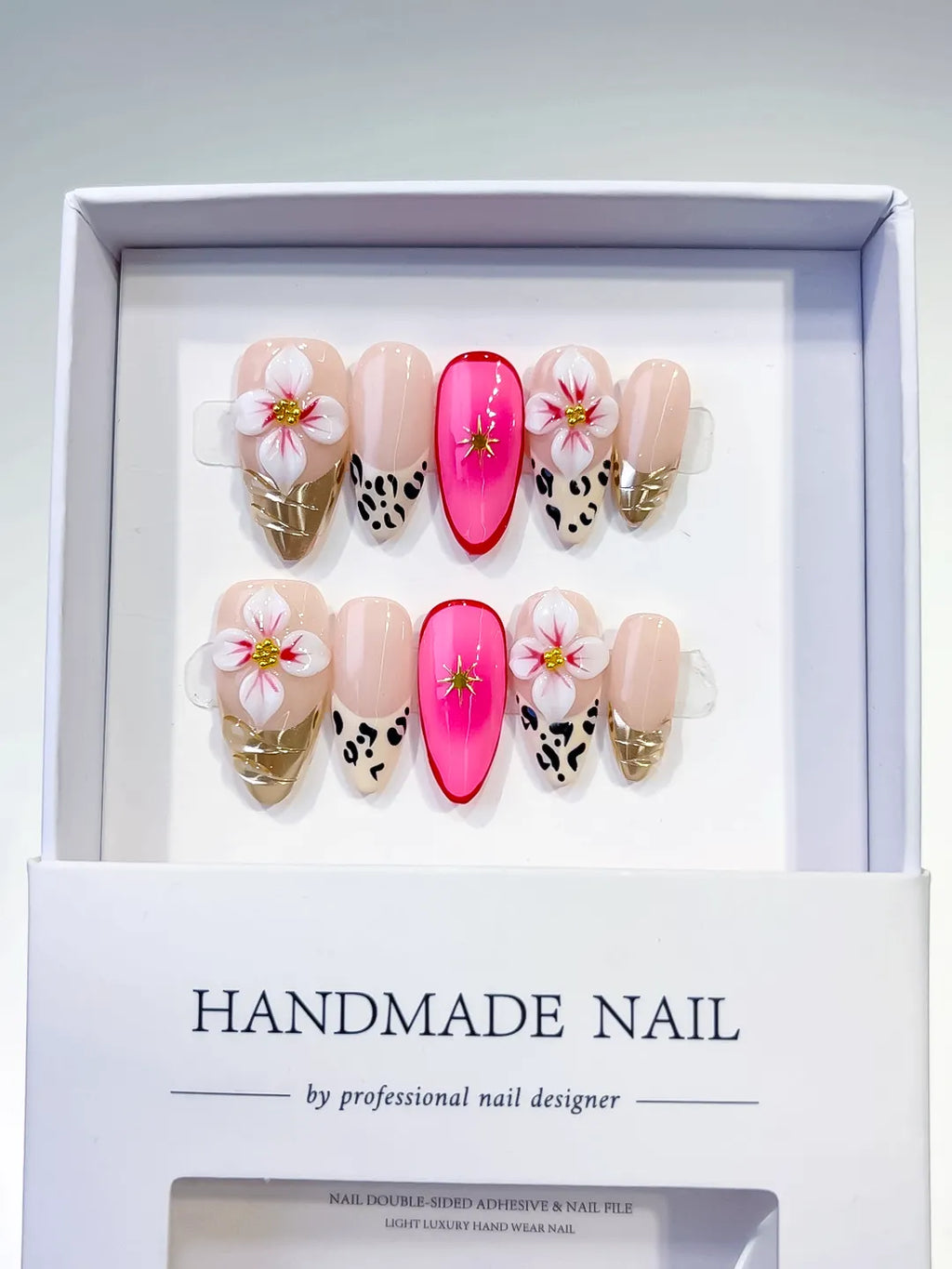 Nude Pink Gold Black Abstract Flower Animal Print Metallic press on nails full set view