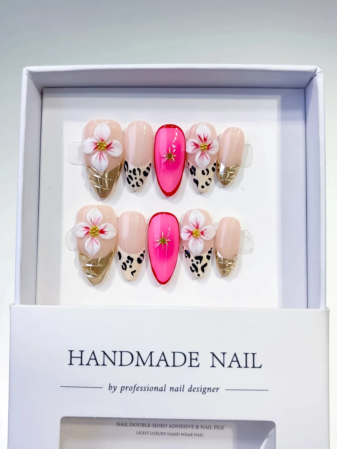 Nude Pink Gold Black Abstract Flower Animal Print Metallic press on nails full set view