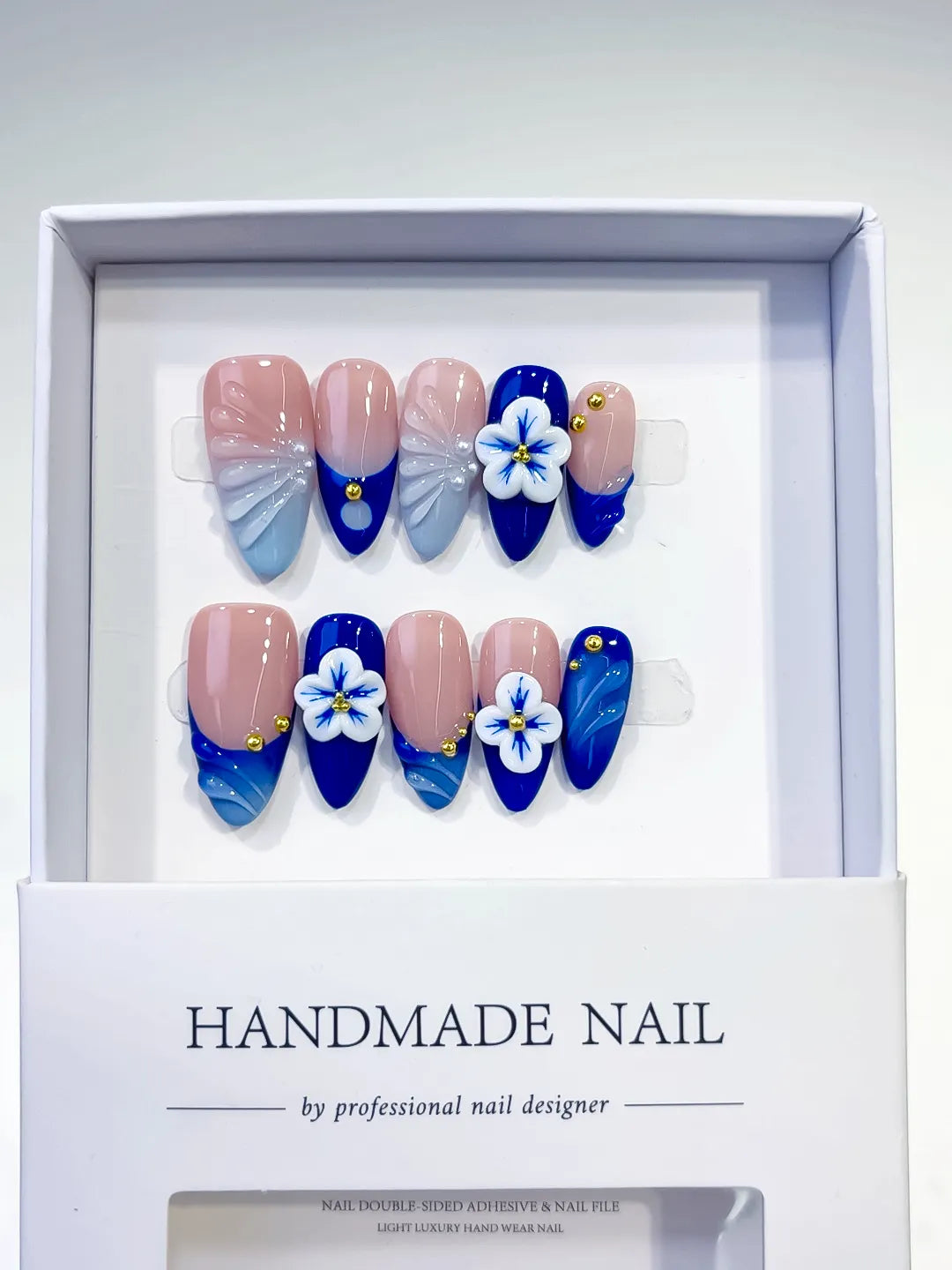 Nude Blue French tip Flower Metallic press on nails full set view