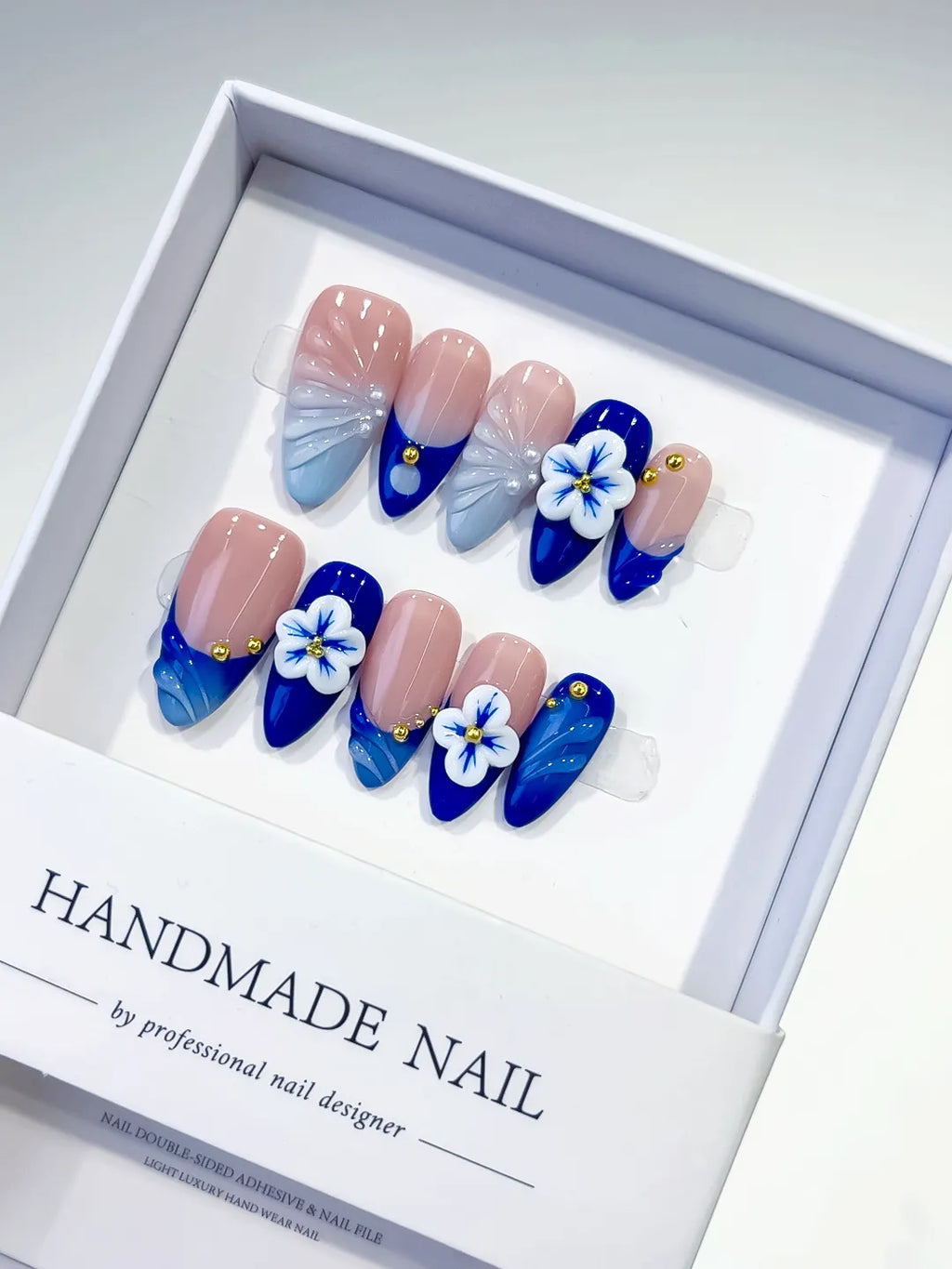 Nude Blue French tip Flower Metallic press on nails