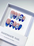 Nude Blue French tip Flower Metallic press on nails